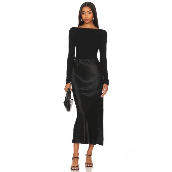 ENZA COSTA Bias Maxi Skirt Womens Large 3 Black Satin Pull On Slip Style NWOT
